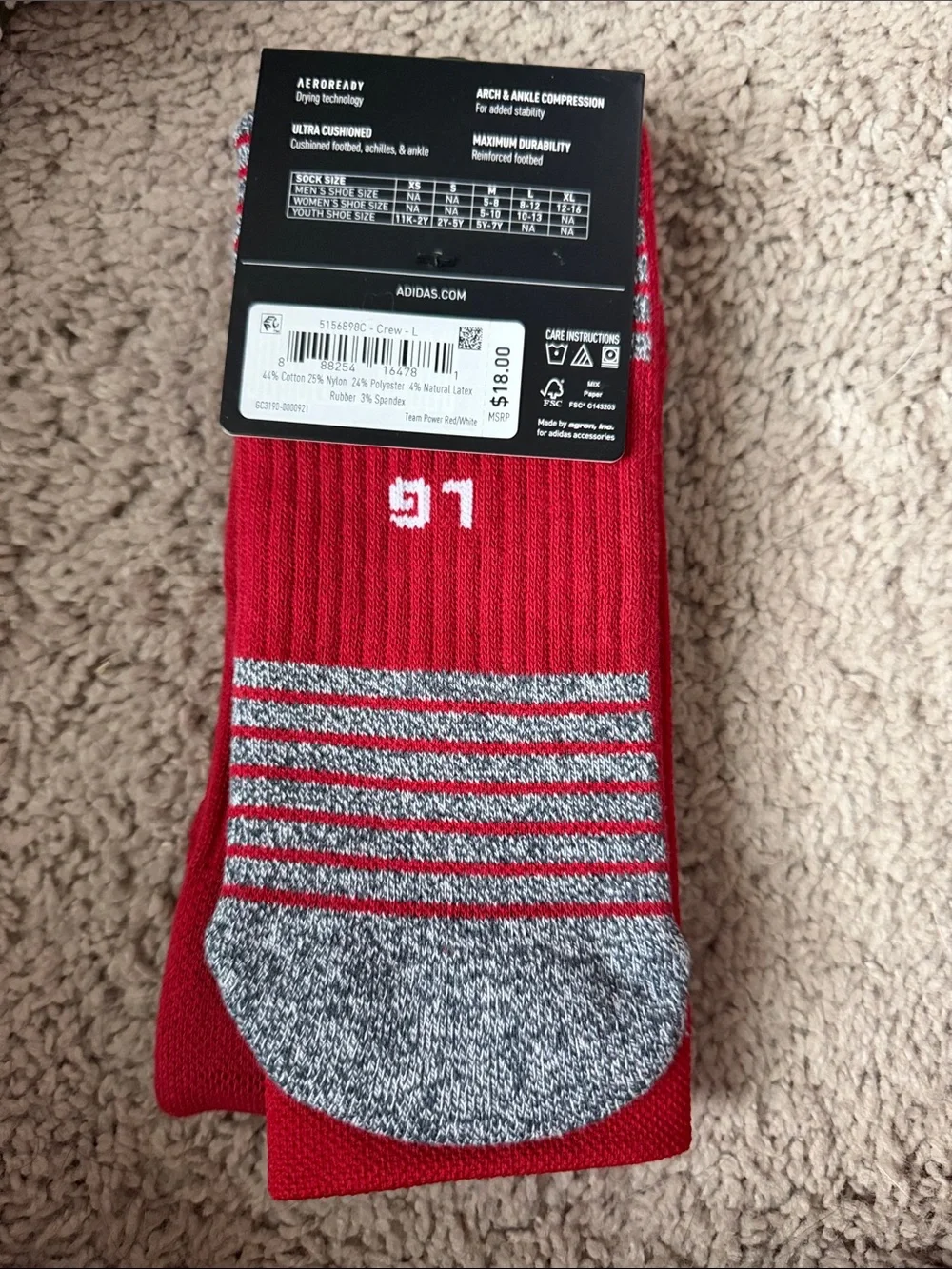adidas Red 5-Star Team Crew Athletic Socks